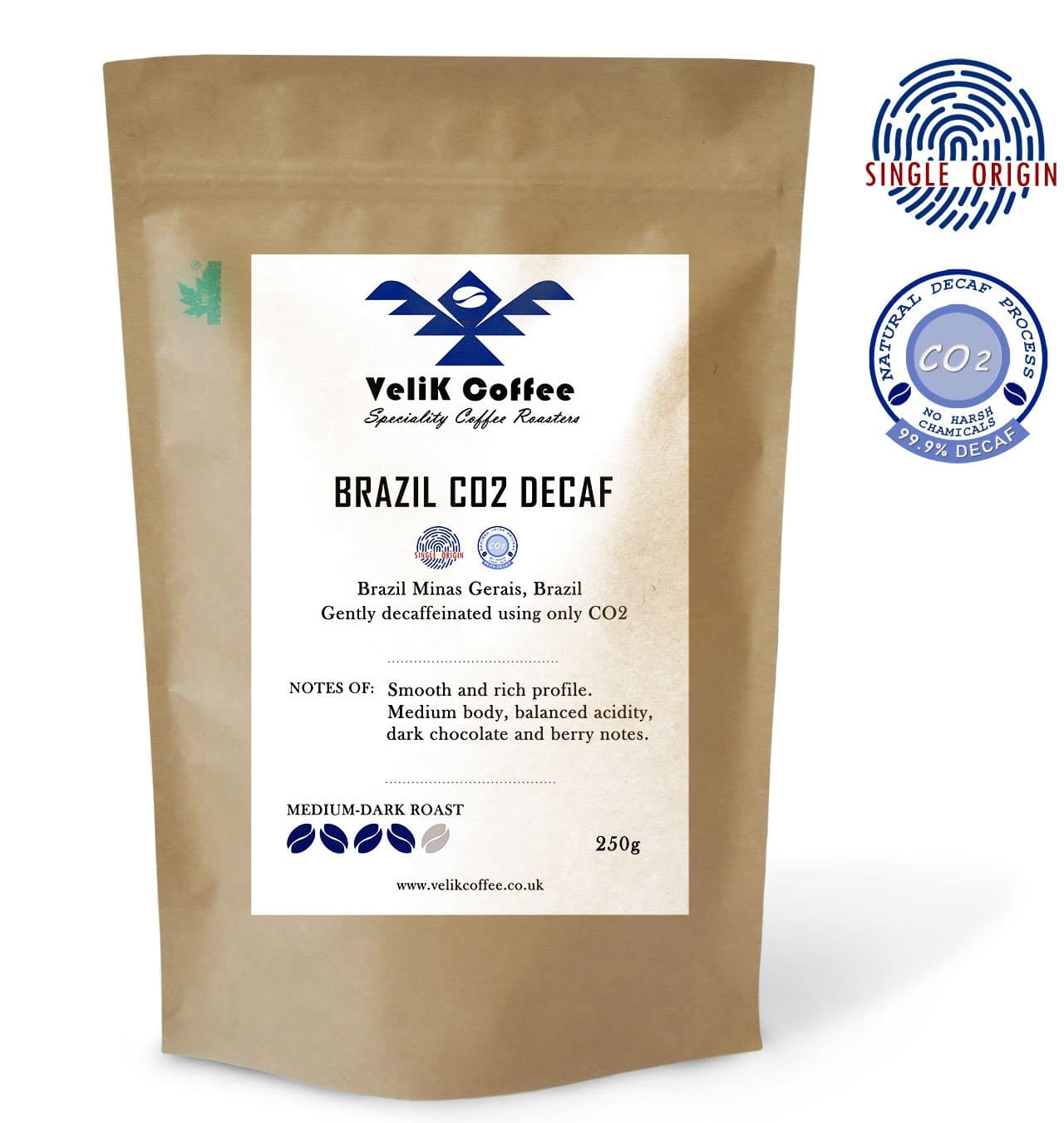 BRAZIL CO2 DECAF – Brazilian Single Origin Arabica Beans – Medium-Dark Roast Coffee by VeliK Coffee